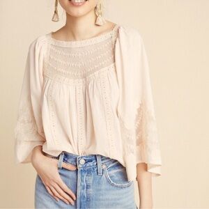 Anthropologie Valentia Cream Pink Peasant Embroider Wide Sleeves Top 00P Petite